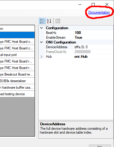 ONIContext configuration GUI showing documentation link.